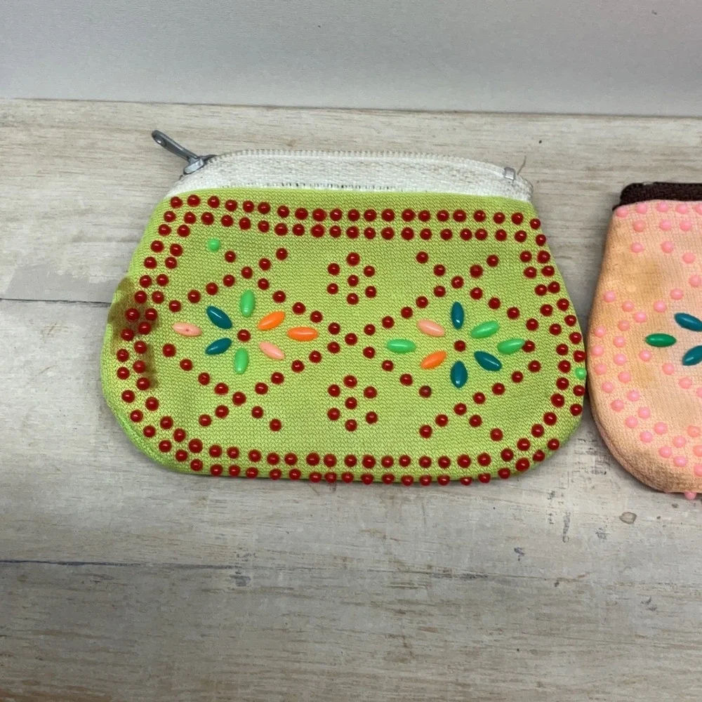 Vintage Beaded Coin Purse Set Lime Green Peach Floral Mid Century Retro Pouch